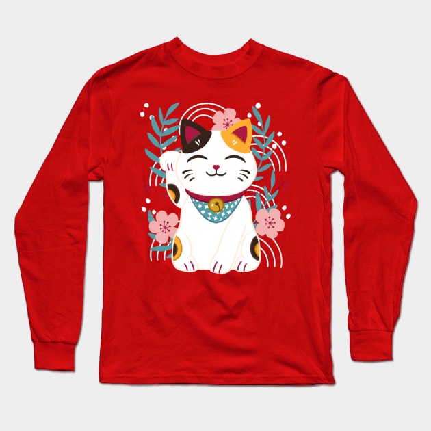 Japanese Lucky Cat With Cherry Blossoms Long Sleeve T-Shirt by Serena Archetti